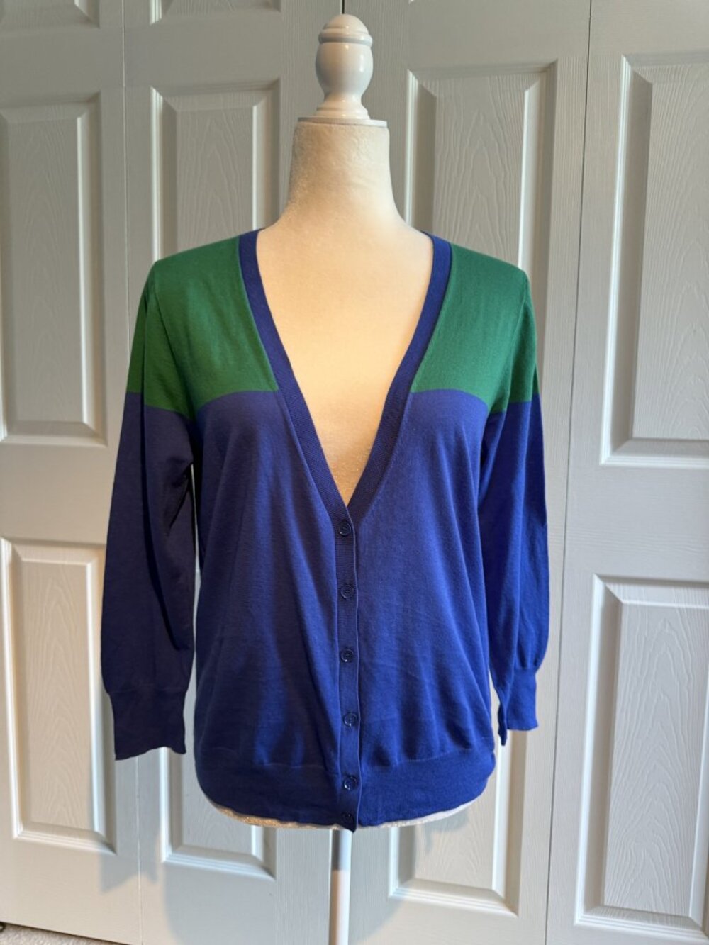 J Crew Cardigan Top Women Large Blue Green Long Sleeve Colorblock Button Casual